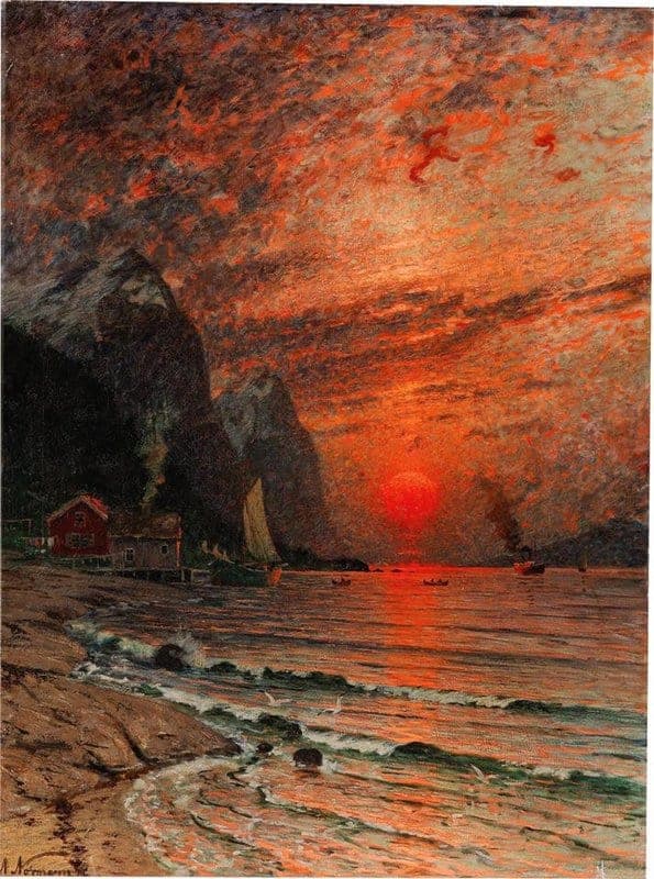 Adelsteen Normanna Sunset Over The Fjord - 1918 Hand Painted Reproduction museum quality