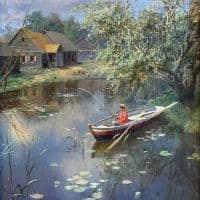 Alexander Alexandrovich Kiselev Landscape With A Fisherman - At The Pond In The Village 1902 Hand Painted Reproduction