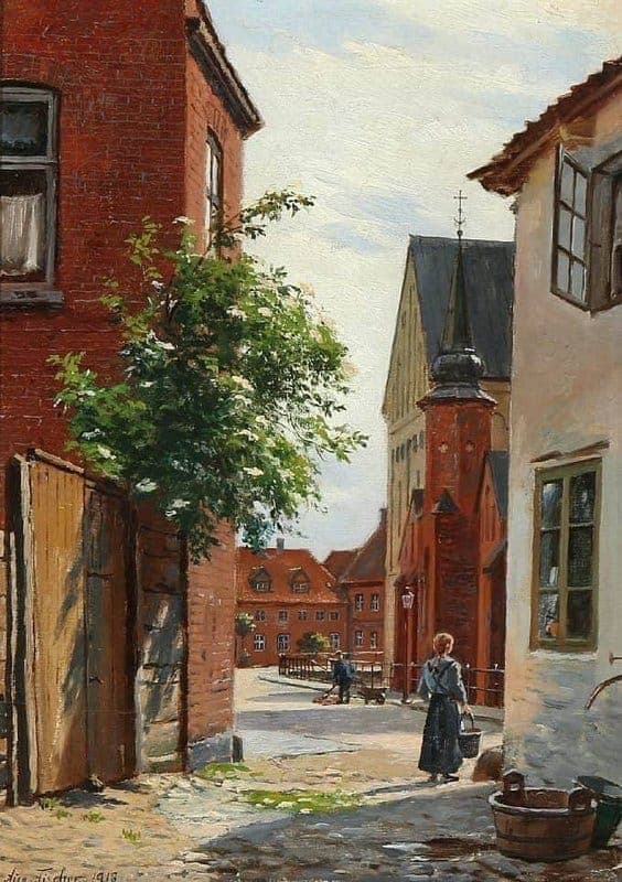 August Fischer Near Ribe Cathedral 1918 Hand Painted Reproduction museum quality