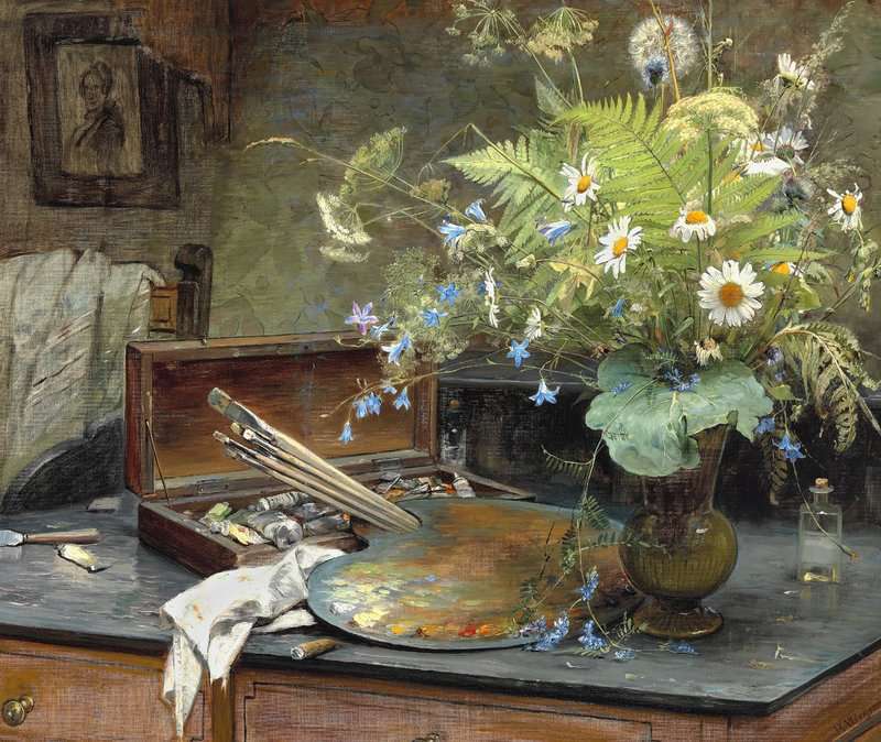 Bertha Wegmann Interior With A Bunch Of Wild Flowers The Artist S Paint Box A Palette And A Half-smoked Cheroot Hand Painted Reproduction museum quality