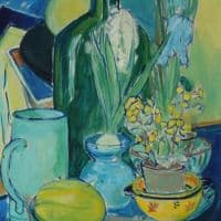 Christine Swane Still Life With Bottle And Flowers 1944 Hand Painted Reproduction
