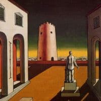 De Chirico Italian Plaza With A Red Tower Hand Painted Reproduction