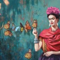Frida Kahlo Autoportrait Aux Papillons- Buchidindron Sur Fond Bleu-vert Hand Painted Reproduction