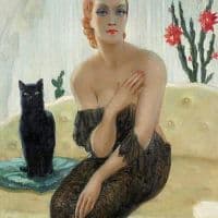 Harry Eberstein Portrait Of An Elegant Lady With Black Cat. Hand Painted Reproduction