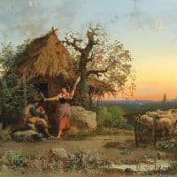 Hermann David Salomon Corrodi A Bagpipe Playing Shepherd In The Background Rome Hand Painted Reproduction