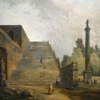 Hubert Robert Figures Walking Up A Monumental Staircase Hand Painted Reproduction