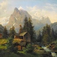 Johan Edvard Bergh Mountain Landscape With Hikers And Mill Building Hand Painted Reproduction