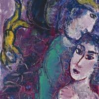 Marc Chagall Les Amoureux Sur Fond Mauve C. 1965-70 Hand Painted Reproduction