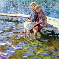 Nikolay Bogdanov-belsky Two Girls On A Footbridge Hand Painted Reproduction