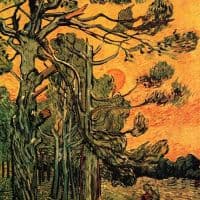 Van Gogh Pine Trees Against A Red Sky With Setting Sun Hand Painted Reproduction