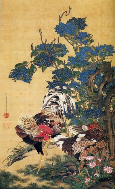 art oil painting reproduction of  Ito Jakuchu Rooster And Hen With Hydrangeas museum quality handmade