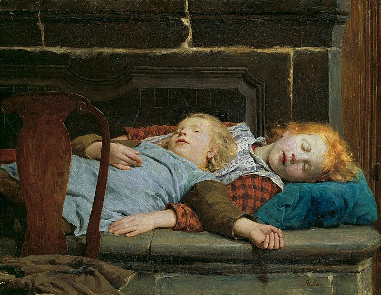 Albert Anker Two Sleeping Girls On The Stove Bench 1895 museum quality