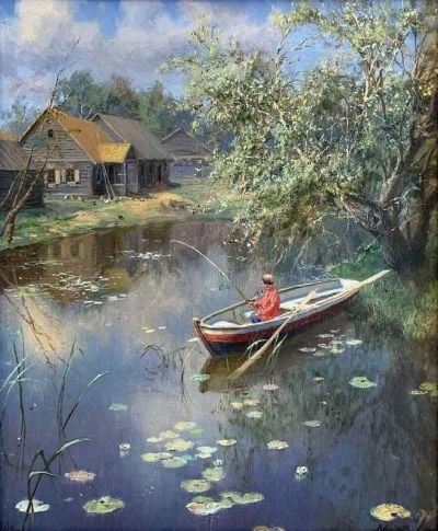 art oil painting reproduction of  Alexander Alexandrovich Kiselev Landscape With A Fisherman - At The Pond In The Village 1902 museum quality handmade