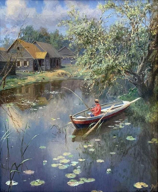 Alexander Alexandrovich Kiselev Landscape With A Fisherman - At The Pond In The Village 1902 museum quality