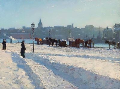 art oil painting reproduction of  Alfred Bergstrom Winter Scene From The Stockholm Waterfront museum quality handmade