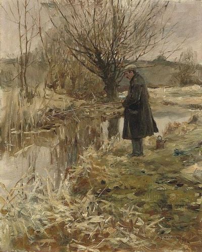art oil painting reproduction of  Alfred Munnings Pike Fishing In January - 1898 museum quality handmade