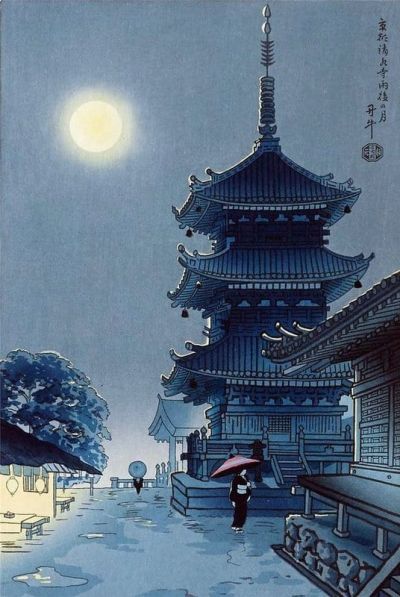 art oil painting reproduction of  Benji Asada Moon At Kiyomizu Pagoda 1930 museum quality handmade