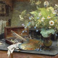 Bertha Wegmann Interior With A Bunch Of Wild Flowers The Artist S Paint Box A Palette And A Half-smoked Cheroot