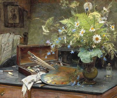 art oil painting reproduction of  Bertha Wegmann Interior With A Bunch Of Wild Flowers The Artist S Paint Box A Palette And A Half-smoked Cheroot museum quality handmade