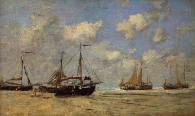 art oil painting reproduction of  Boudin Scheveningen Boats Aground On The Shore - 1875 museum quality handmade