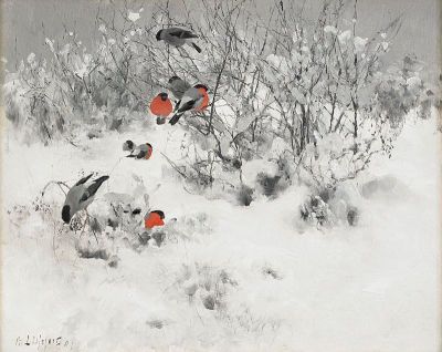 art oil painting reproduction of  Bruno Andreas Liljefors Winter Landscape With Bullfinches museum quality handmade