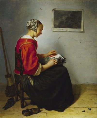 art oil painting reproduction of  Caspar Netscher The Lace Maker 1662 museum quality handmade