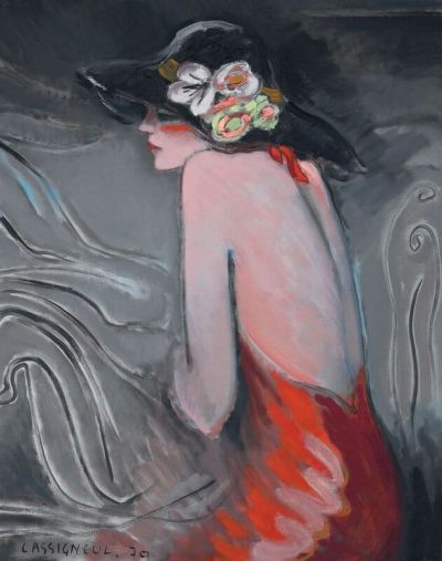 art oil painting reproduction of  Cassigneul Chapeau Noir - Robe Rouge museum quality handmade