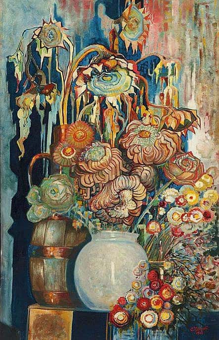 Chris Lanooij Sunflowers And Dry Flowers In Vase And Tub 1919 museum quality