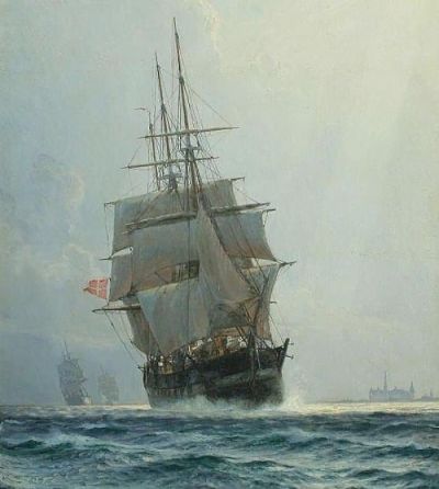 art oil painting reproduction of  Christian Molsted Fregatter Pa Vandet I Baggrunden Kronborg 1900. museum quality handmade