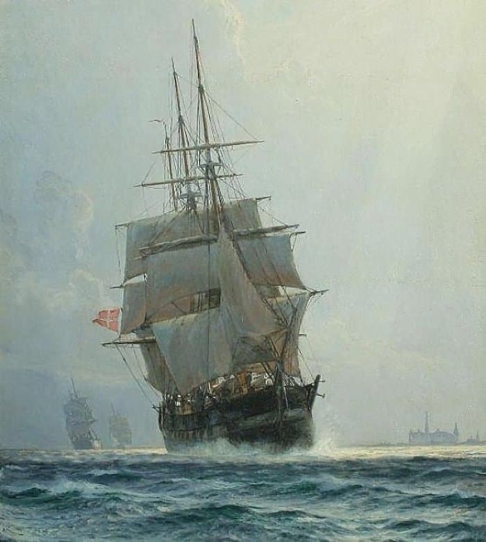 Christian Molsted Fregatter Pa Vandet I Baggrunden Kronborg 1900. museum quality