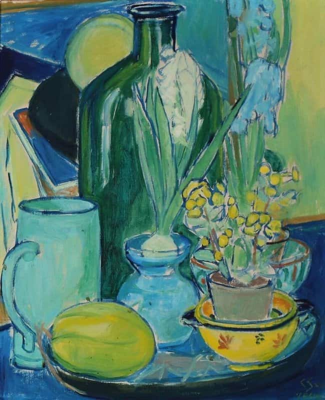 Christine Swane Still Life With Bottle And Flowers 1944 museum quality