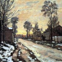 Claude Monet Road To Louveciennes Melting Snow Children Sunset