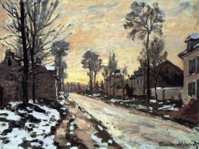 art oil painting reproduction of  Claude Monet Road To Louveciennes Melting Snow Children Sunset museum quality handmade