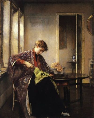 art oil painting reproduction of  Edmund Charles Tarbell Girl Mending - 1910 museum quality handmade