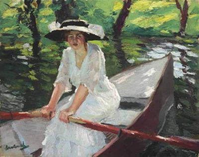 art oil painting reproduction of  Edward Cucuel Woman In Rowboat museum quality handmade