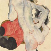 Egon Schiele Lying Woman With Red Pants And Standing Female Nude 1912