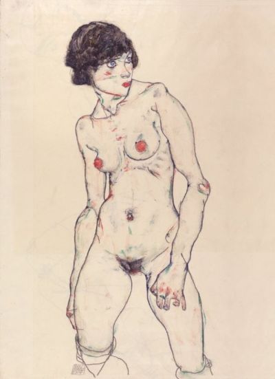 art oil painting reproduction of  Egon Schiele Nu Debout Aux Bas - Naked Girl Upright With Stockings - 1912 museum quality handmade