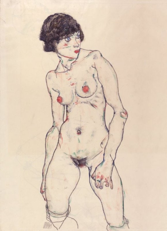 Egon Schiele Nu Debout Aux Bas - Naked Girl Upright With Stockings - 1912 museum quality