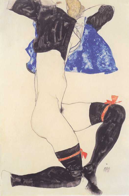 Egon Schiele Reclining Half-nude With Black Stockings - 1913 museum quality