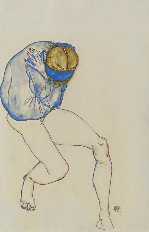 Egon Schiele Semi-nude Blond Girl With Blue Shirt And Blue Headband 1913 museum quality