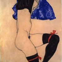 Egon Schiele Semi-nude In Black Stockings And Red Garter Hand Painted Reproduction