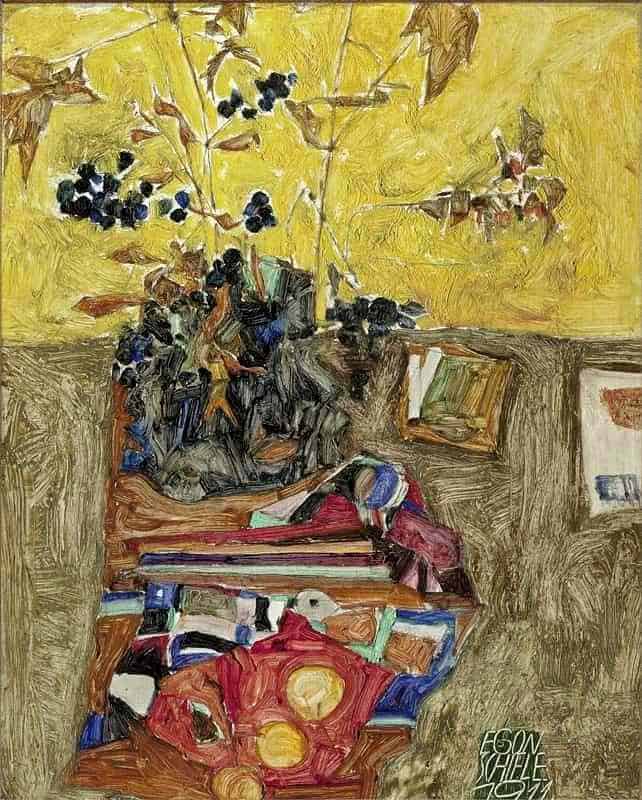Egon Schiele Still Life With Flowers And Colored Cloths 1911 museum quality