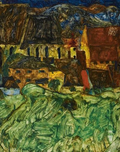 art oil painting reproduction of  Egon Schiele Wiese Kirche Und H User Meadow Church And Houses 1912 museum quality handmade