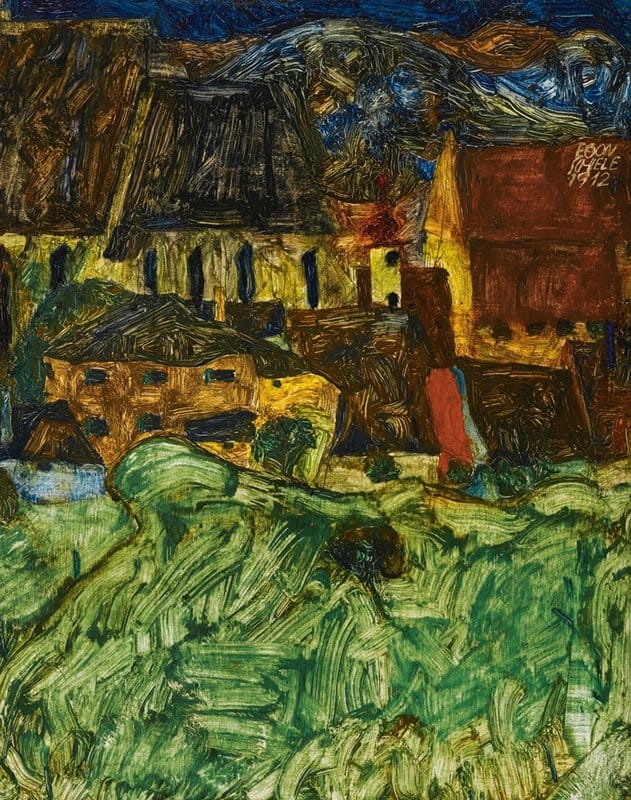 Egon Schiele Wiese Kirche Und H User Meadow Church And Houses 1912 museum quality