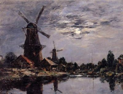 art oil painting reproduction of  Eugene Boudin Dutch Windmills 1884 museum quality handmade