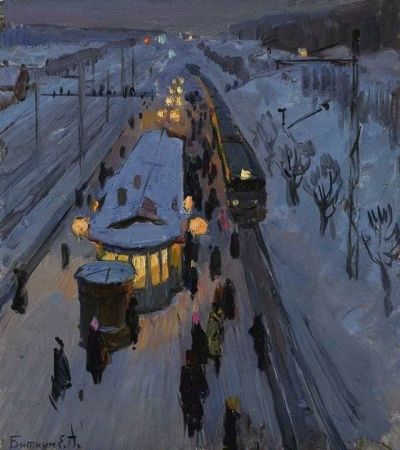 art oil painting reproduction of  Evgeny Petrovich Bitkin Suburban Station 1962 museum quality handmade