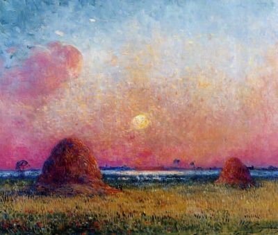 art oil painting reproduction of  Ferdinand Puigaudeau Wheat Stack At Sunset museum quality handmade