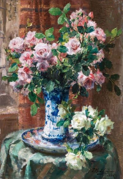 art oil painting reproduction of  Frans Mortelmans Pink Roses 1924 museum quality handmade