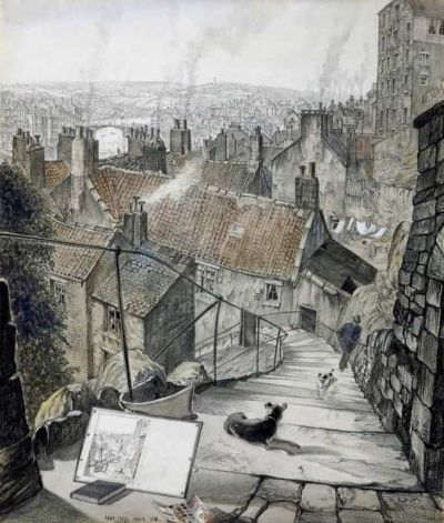 art oil painting reproduction of  Fred Cecil Jones Chimneys And Curved Stairs Whitby museum quality handmade