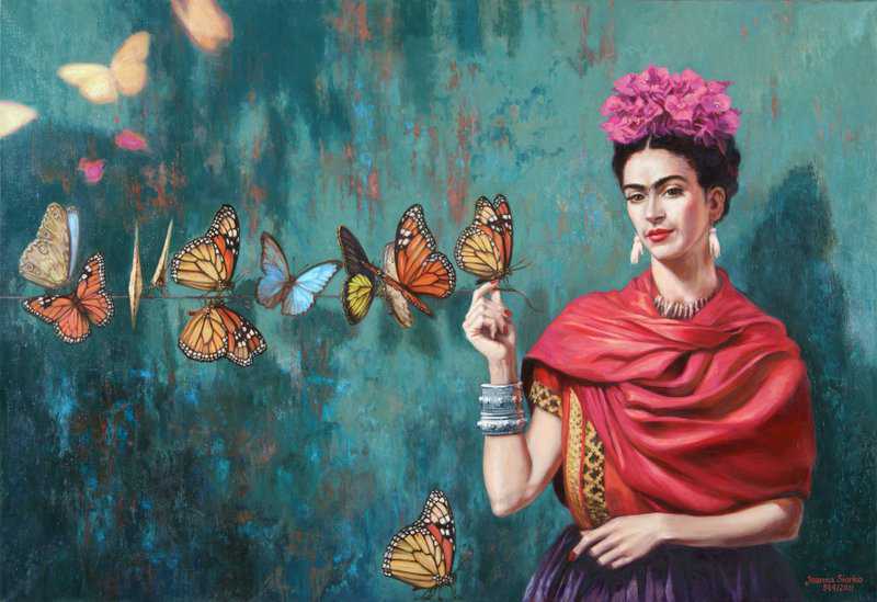 Frida Kahlo Autoportrait Aux Papillons- Buchidindron Sur Fond Bleu-vert museum quality